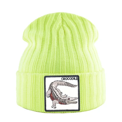Yellow Fashion Skullies Beanies Men Women Knitted Wool Hats With Crocodile Patch Double Layer Knitting Bonnet Cap Unisxe Streetwear Hat - Цвет: Yellow