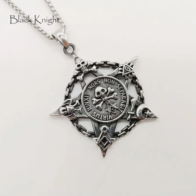 

Black Knight Stainless steel Vintage chain circle skull star pendant necklace Gothetic men hip hop necklace BLKN0766