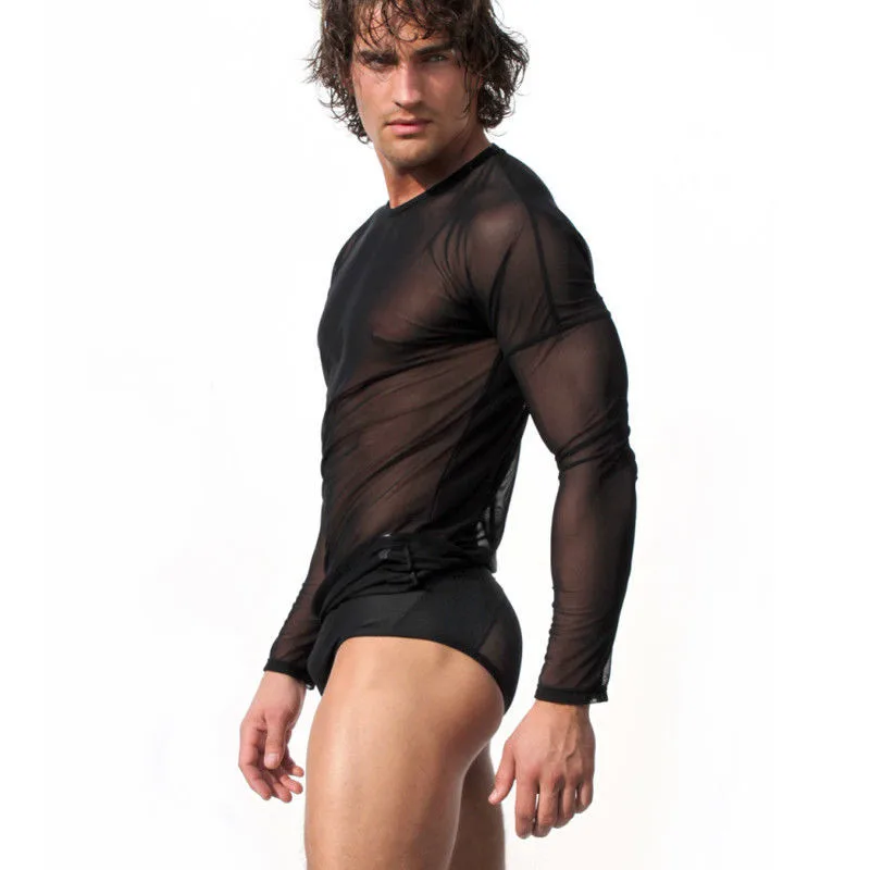 Мужская прозрачная Сетчатая футболка черно-белая облегающая с длинными рукавами