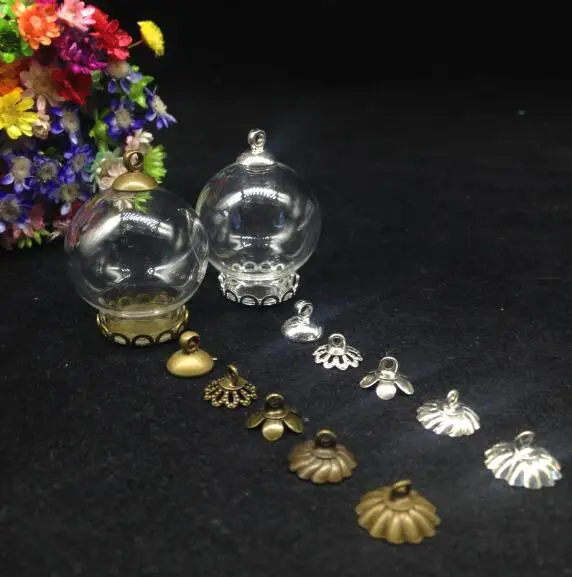 

100pcs 25*15mm wholesale mix glass vial pendant necklace with lace tray cap glass cover dome jars diy glass wishing bottle vase