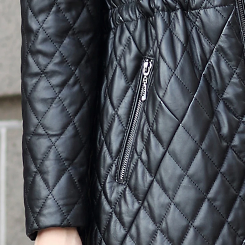 

Black X-long Winter 2020 Women's Sheepskin Coat Female Padded Genuine Leather Jacket Real Fox Fur Hooded Warm Outwear Okb174