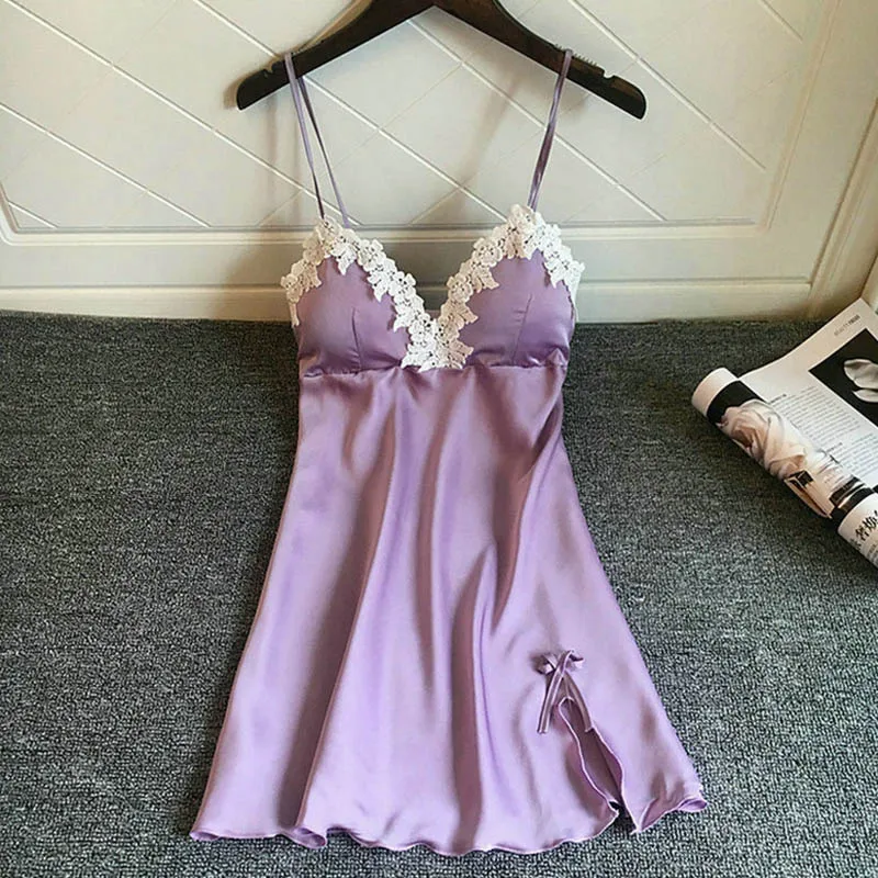 Purple Gumprun Для женщин Сексуальная шелковый халат женский атлас ночь платье без рукавов халат рубашки v-образным вырезом летние халаты женские кружевные ночная рубашка платье для Для женщин - Цвет: Purple
