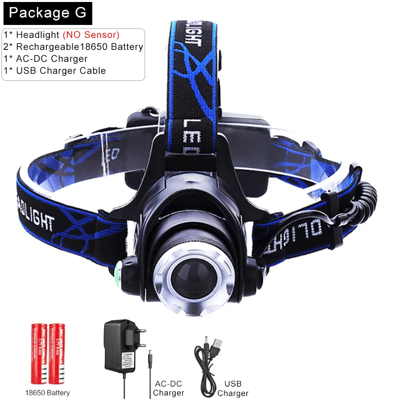 Package G Сенсорный светодиодный налобный светильник, мощный налобный фонарь T6/L2/V6, светодиодный налобный светильник, масштабируемый Головной фонарь, портативный водонепроницаемый фонарь - Испускаемый цвет: Package G