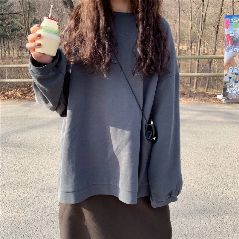 Осень корейский ulzzang мода Свободный Harajuku с длинными рукавами свитер ins простой сплошной цвет o-образным вырезом Повседневная Женская толстовка