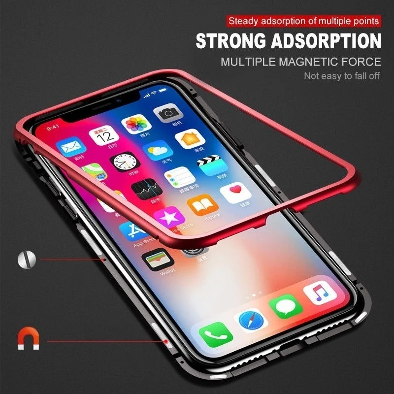 Металлический магнитный чехол для iPhone 8 Plus + задняя крышка из закаленного стекла с
