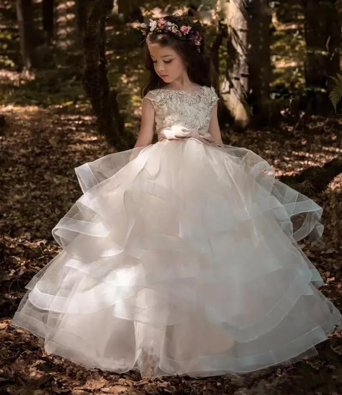 New Lace Applique Holy First Communion Dresses for Girls Open Back Princess Flower Girl Dress Size 2-16Y