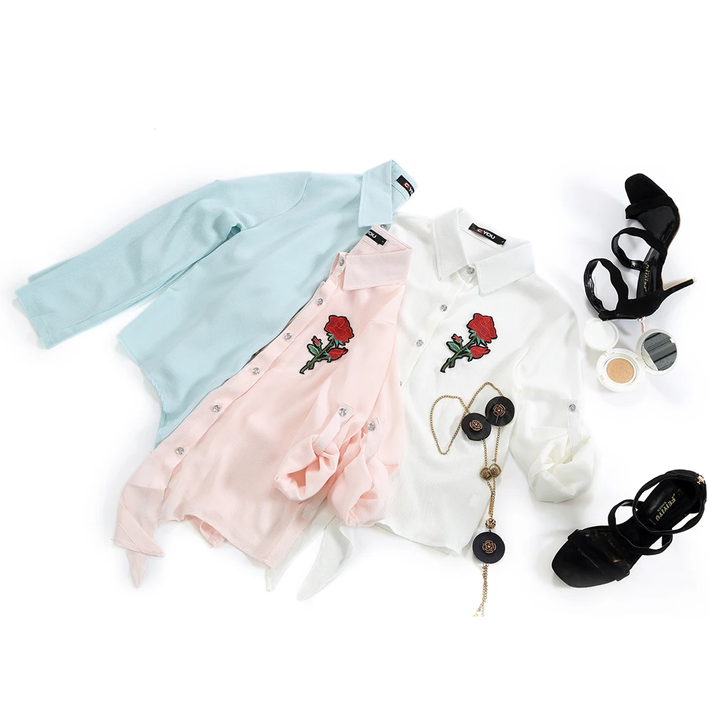 C Вы Галстук Узел рубашка Новые женские цветок вышивка блузки Мода шнуровка лук