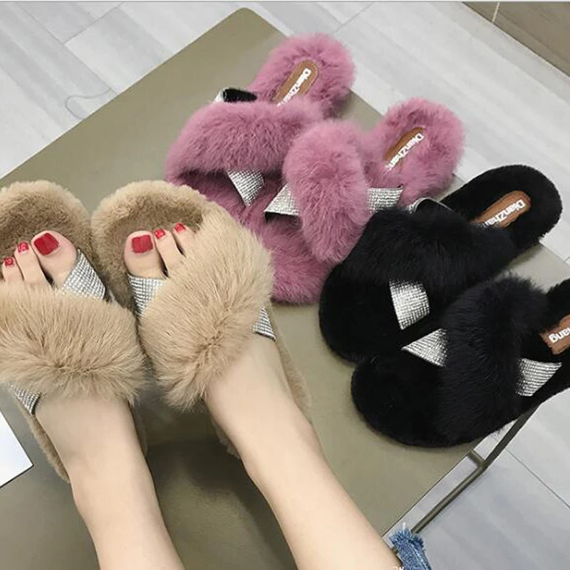 COOLSA/зимние тапочки со стразами и кроличьим мехом; модные домашние плюшевые теплые блестящие шлепанцы; женская пушистая мягкая обувь на плоской подошве