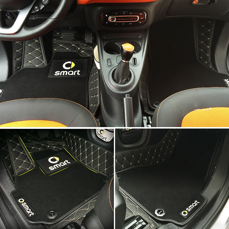 Автомобильные коврики для smart 453 fortwo, фирменные Прочные мягкие автомобильные аксессуары, автомобильные стильные коврики на заказ, черные, оранжевые