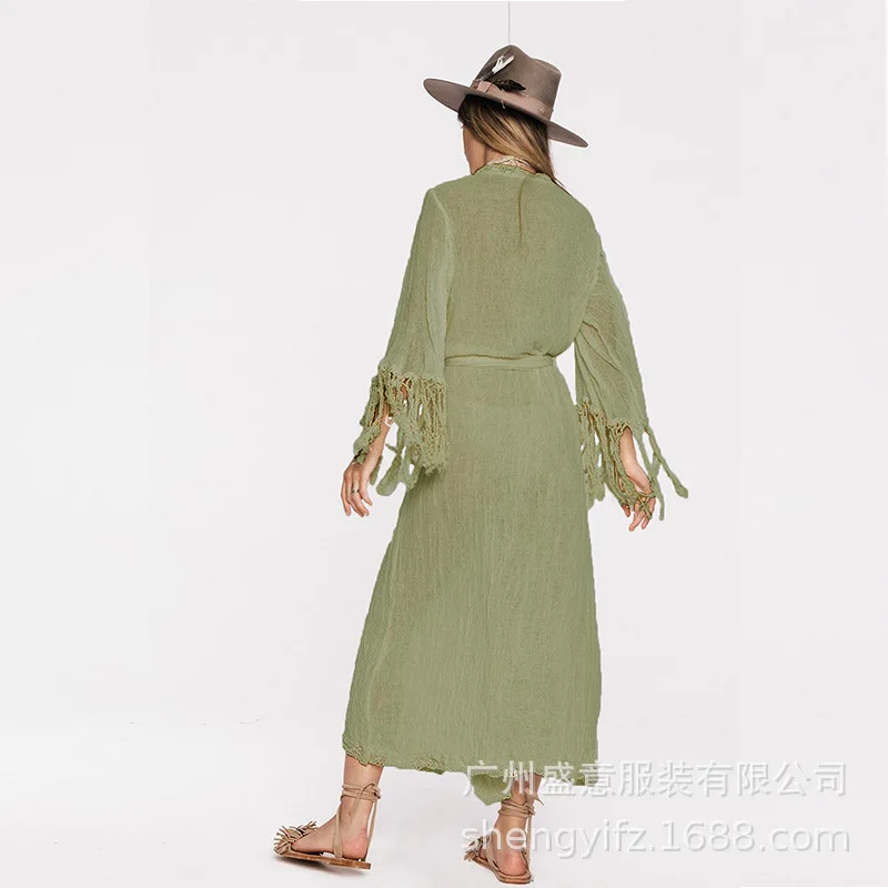 Повседневное однотонное Boho Макси женское платье с кисточками винтажные пляжные