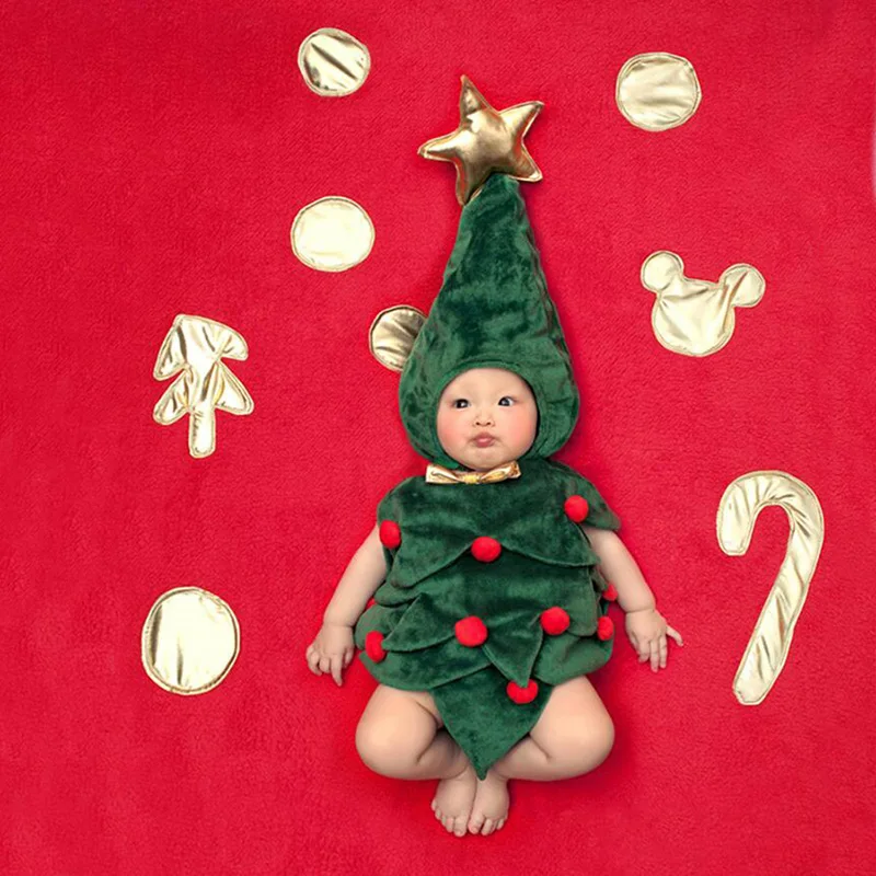 New Baby Infant Photography Clothing Xmas Tree Design Bebe Boy Girl Cosplay Costumes Hat+Body Suit Newborn Christmas Outfits