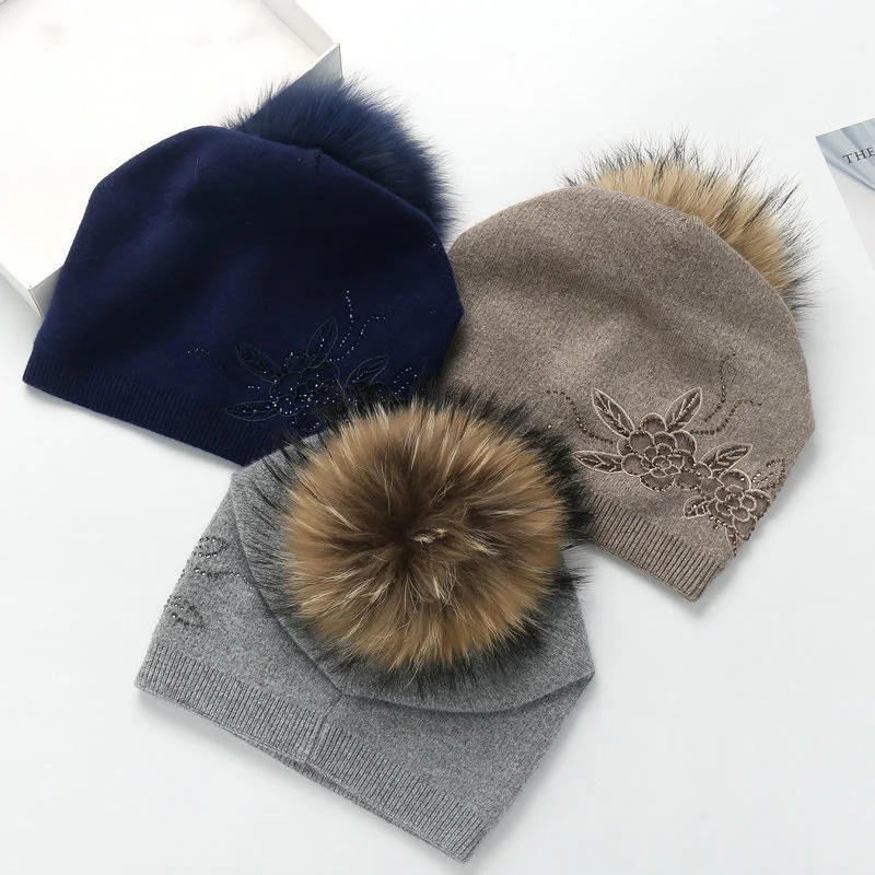 Pom Poms шапка ушанка зимние шапки для женщин натуральным Мех животных обувь девочек