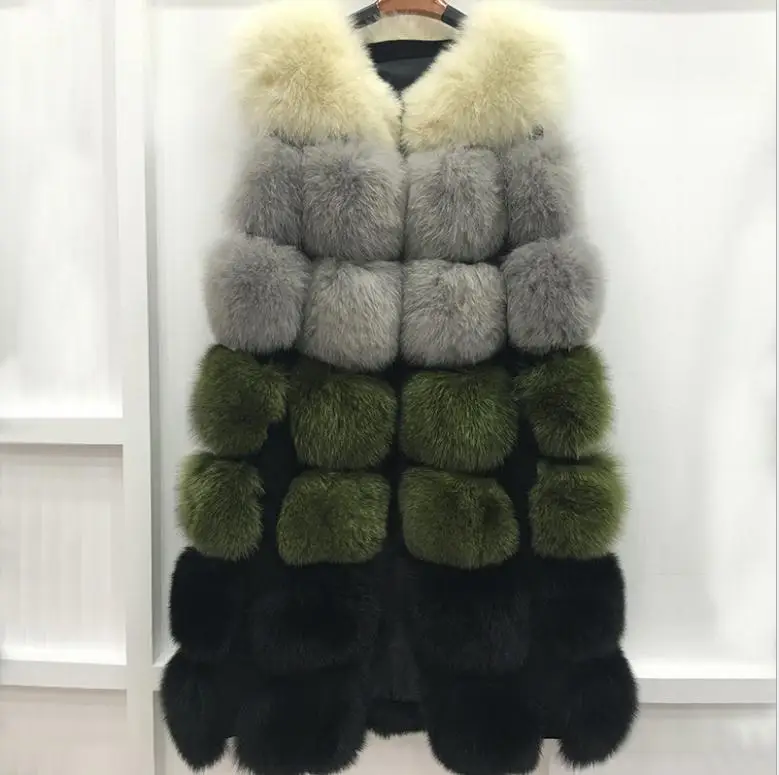 green Пальто из искусственного лисьего меха для женщин, длинный отрезок, контрастные женские меховые жилеты с имитацией искусственного меха, повседневная куртка J2901 - Цвет: green