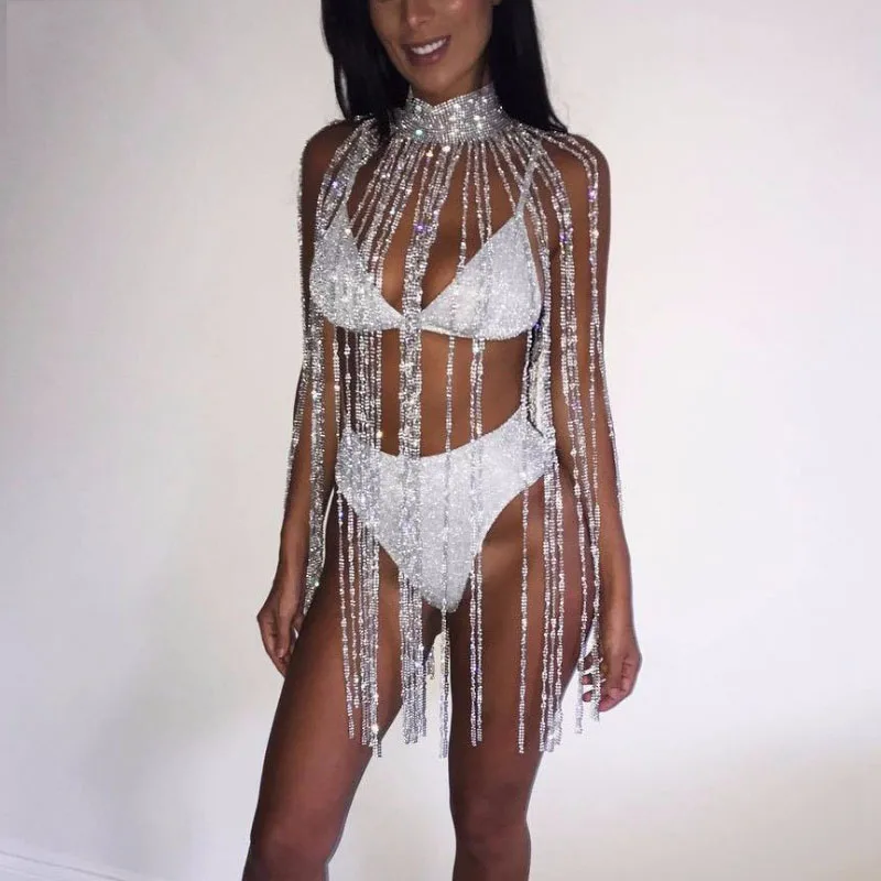Women Sexy Rhinestone Nightclub Mini Dress Choker Halter Gold Silver Tassel Diamond Chain See Through Hollow Out Mini Dress