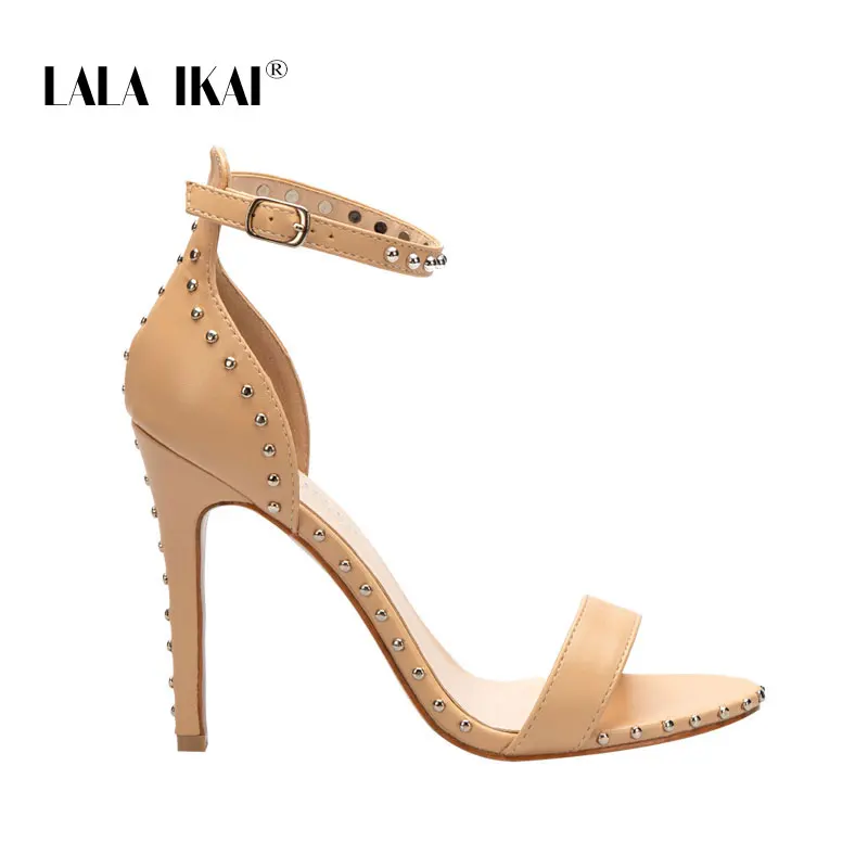 Apricot LALA IKAI/женские босоножки на высоком тонком каблуке; сезон лето; пикантные вечерние туфли из искусственной кожи с заклепками и открытым носком; sandalia feminina; 014C1845-45 - Цвет: Apricot