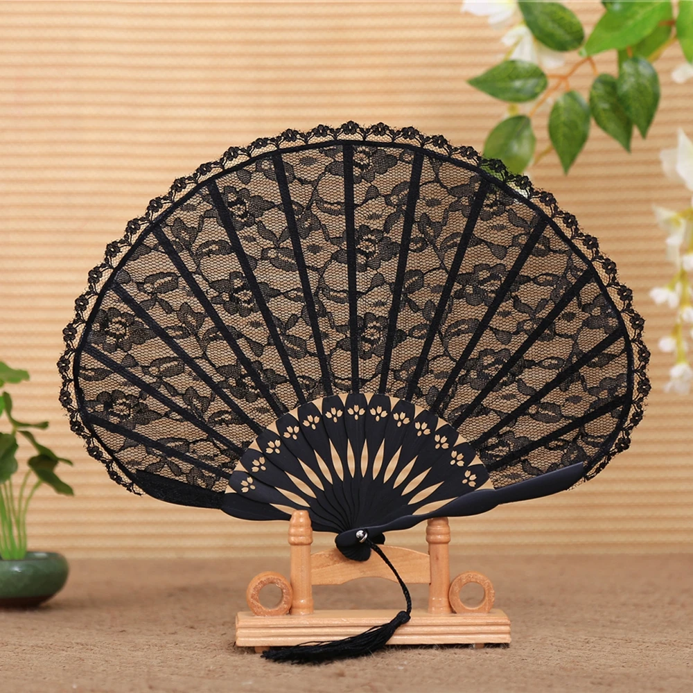 

Free Shipping Wholesale 100pcs/lot Folding Black Lace Hand Fan with Tassel For Gift Dancing Props Craft Supplies Crafts
