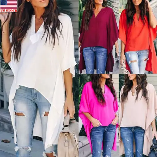 Женская Асимметричная футболка Повседневная однотонная свободная большого