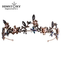 himstory baroque vintage black color crystal flowers beads tiaras rhinestone queen crowns wedding hair accessories headband diad