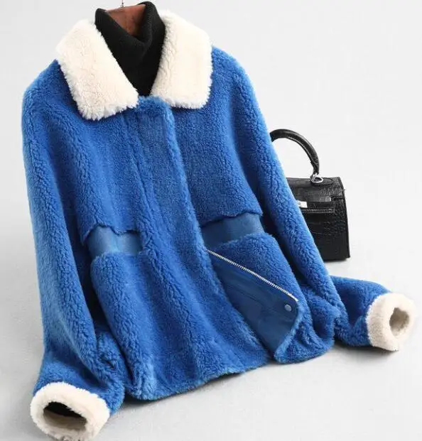 dark-blue ZiZhen натуральное пальто из натурального овечьего меха с отложным воротником куртка весна осень Женская простота шорты молния 190606-14,59370 - Цвет: dark-blue