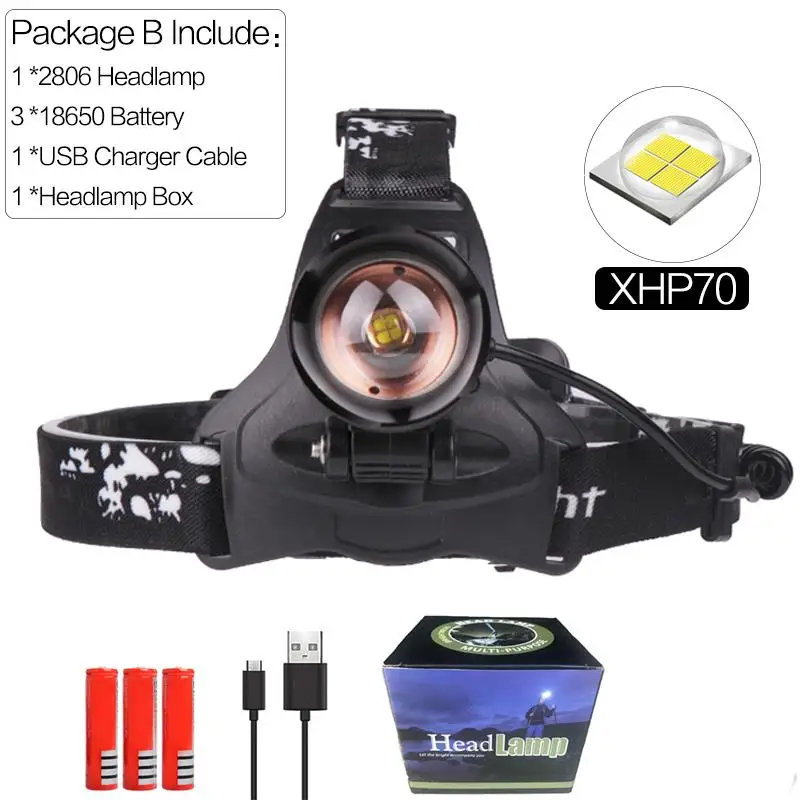 Package B XHP70 Мощный светодиодный налобный фонарь 4000лм, высокомощный налобный светильник, налобный фонарь, фонарик, налобный светильник с зумом для кемпинга, 3*18650 - Испускаемый цвет: Package B