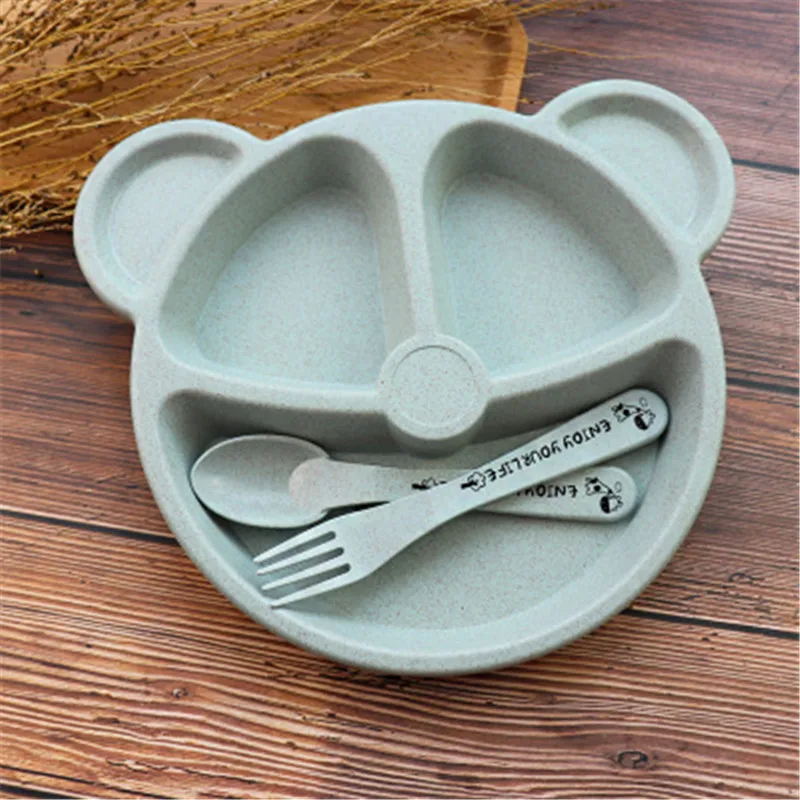 ideacherry 3Pcs Baby Tableware Safety Wheat Straw Kids Creative Partition Feeding Dinner Tray Child Bear Dishes with Spoon Fork | Мать и