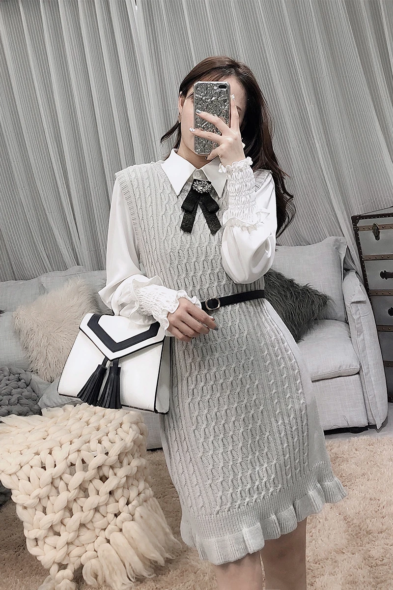 Женское вязаное платье ALPHALMODA изящное + рубашка с длинным рукавом костюм из 2