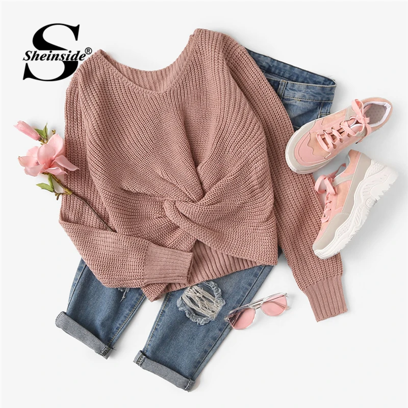 Sheinside, розовый, v-образный вырез, крученый спереди, массивный свитер, повседневный пуловер, женские свитера,, Осень-зима, топы для женщин, вязаный свитер