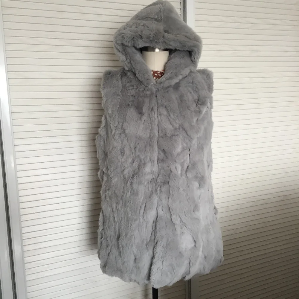 Женский жилет из натурального меха кролика Рекс модная теплая шуба с капюшоном