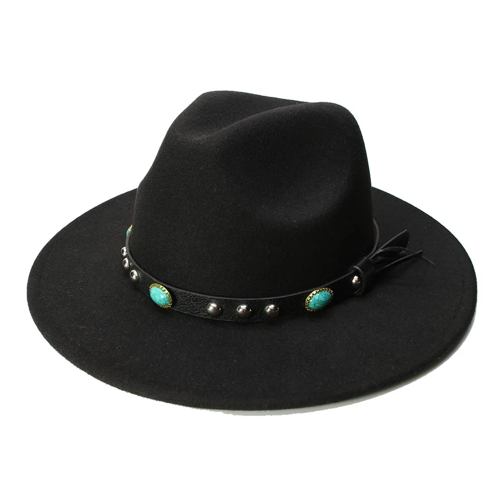 

LUCKYLIANJI Retro Kid Child Vintage 100% Wool Wide Brim Cap Fedora Panama Jazz Bowler Hat Turquoise Leather Band(54cm/Adjusted)