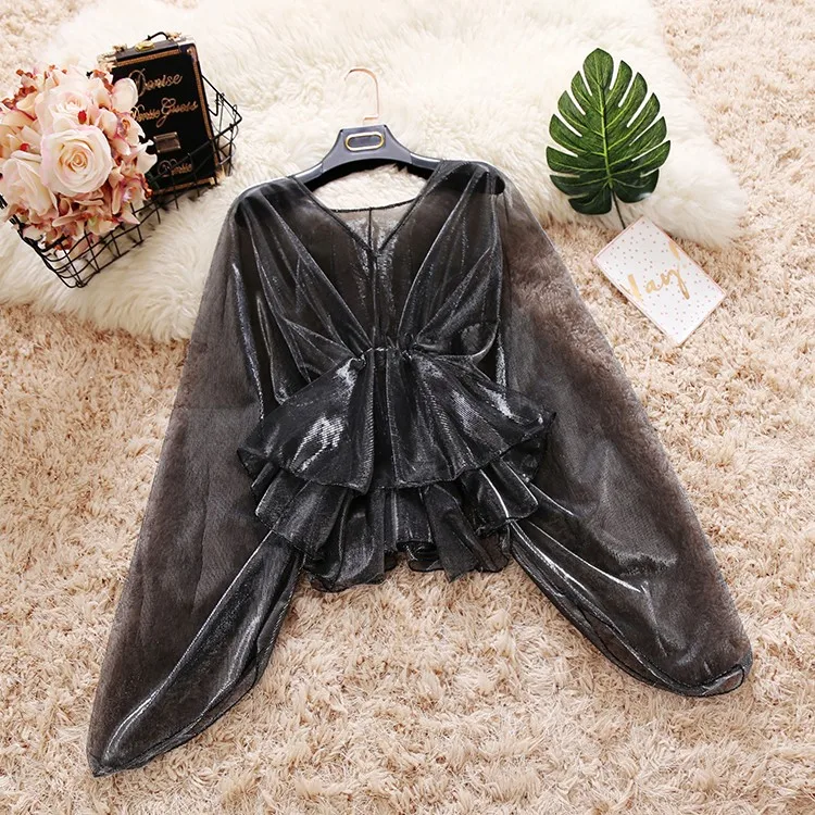 Новая женская кружевная сетчатая блузка Cakucool прозрачные блестящие блузки