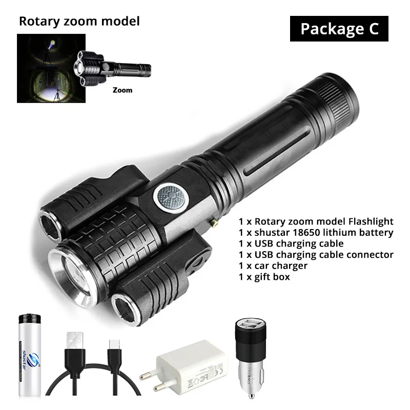 Zoomable-Package C Деформируемый светодиодный фонарик супер яркий фонарь 1T6+ 2XPE Zoomable 4 режима освещения питание от аккумулятора 18650 для кемпинга, охоты - Испускаемый цвет: Zoomable-Package C