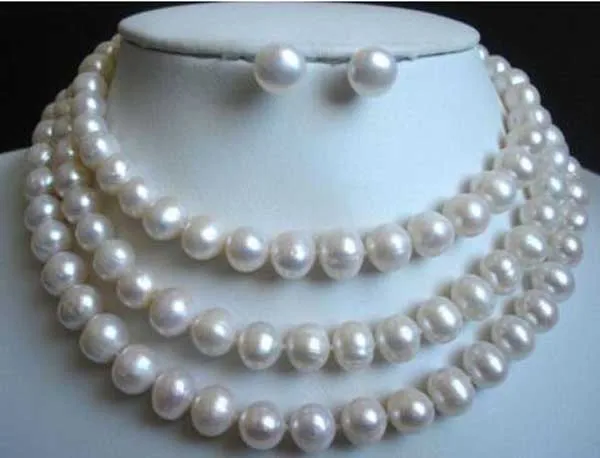 

South seas round white pearl necklace 54" earrings 9-10mm