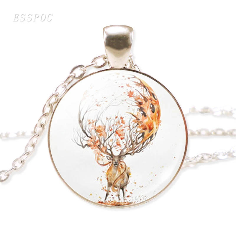 Handcrafted Elk Necklace Time Lovely Sika Deer Chain Pendant Glass Dome Cabochon Fashion Jewelry Gift for Girl | Украшения и