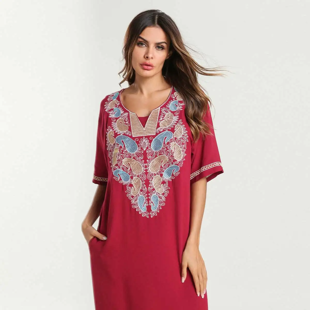 Летнее Женское Платье макси с коротким рукавом и вышивкой в этническом
