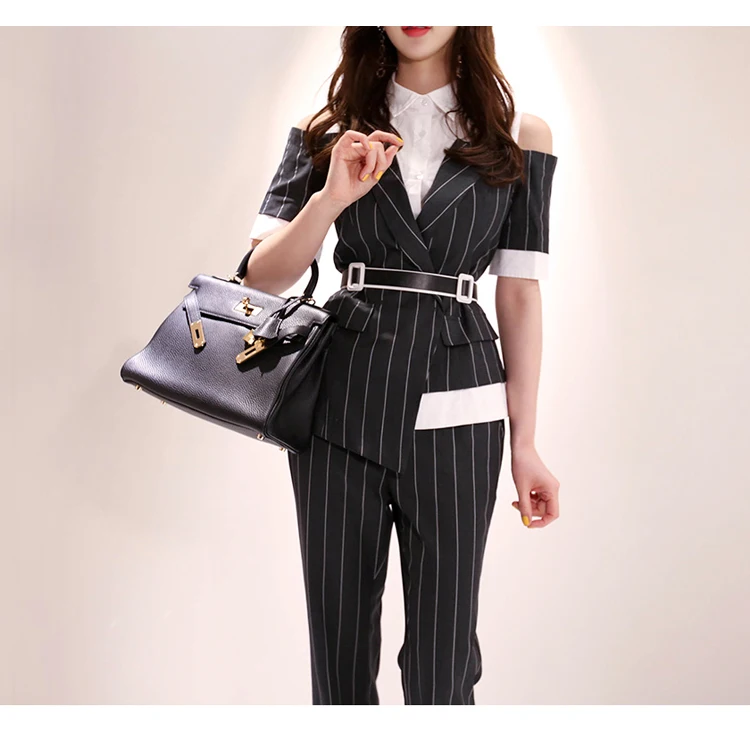 

2021 Summer Short Sleeve Contrast color Patchwork turn down collar tops and Striped Long Pant Two Piece Sets Office Work Suits