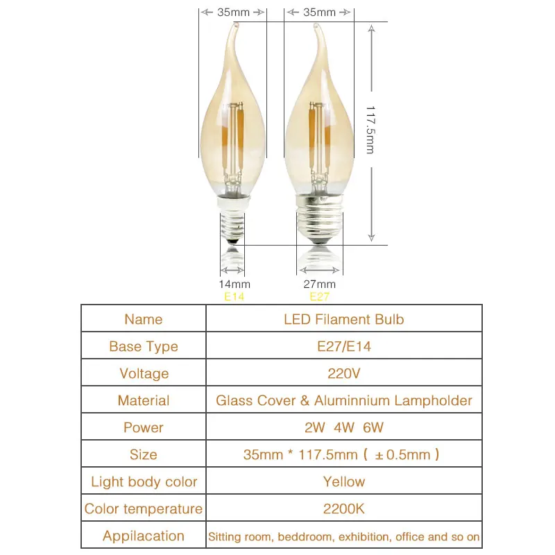 Винтажная Светодиодная лампа Эдисона E27 3 шт. светодиодная E14 220 В стеклянная 2 Вт 4 6