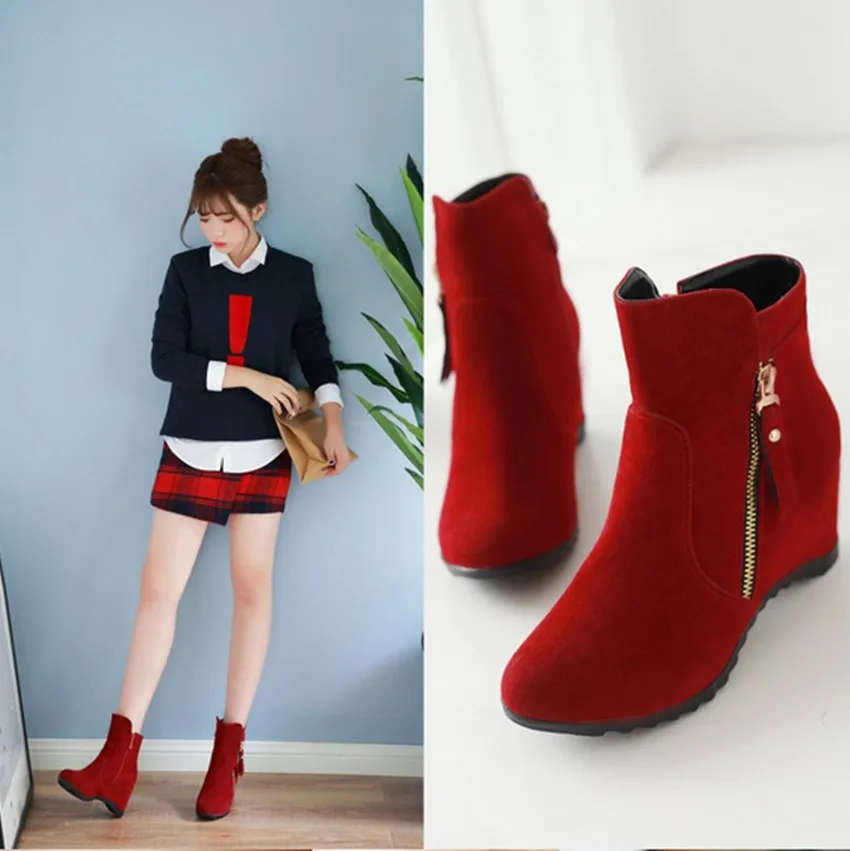 Модные красные сапоги с круглым носком приток Женская однотонная обувь на
