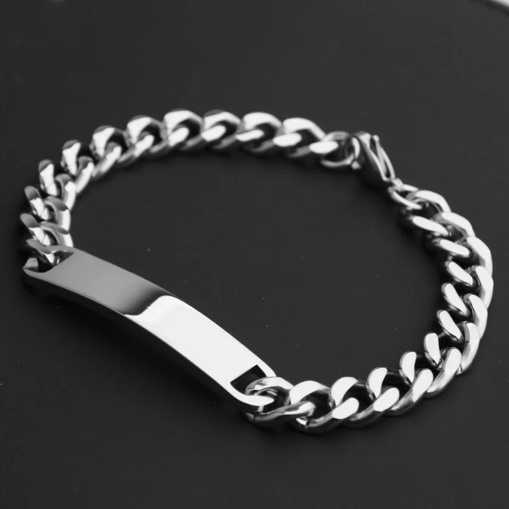 

New Wholesale 10mm High Quality Stainless Steel Silver Color Smooth ID Tag Cuban Chain Men's Boy's Bracelet Bangle 8.66" Hotsale
