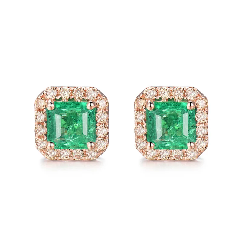 18k Rose Gold Женские серьги Пуссеты, Настоящее Желтое золото 18 К, натуральный Изумрудный камень 6 мм, настоящие желтые бриллианты, серьги для женщин, OL вечерние ювелирные изделия - Цвет камня: 18k Rose Gold