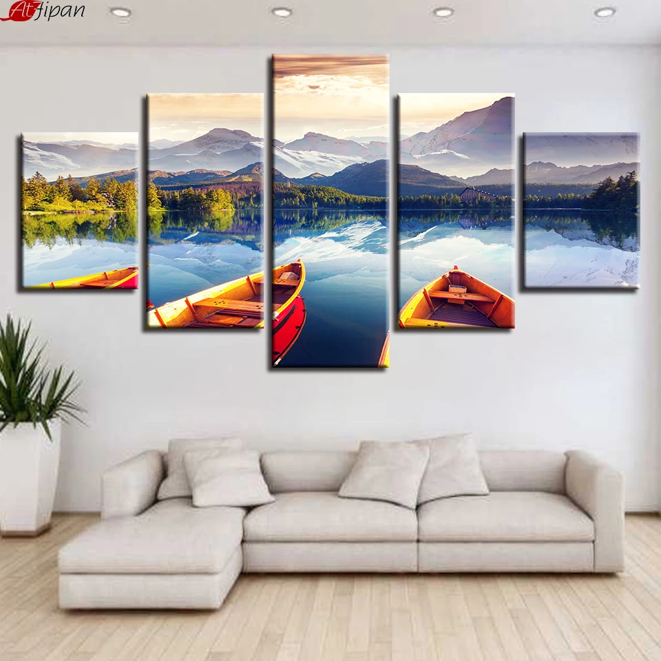 Canvas Wall Art Pictures Living Room Decor HD Printed 5 Pieces Mountain Lake And Boat Paintings Natural Landscape Poster Frame | Дом и сад