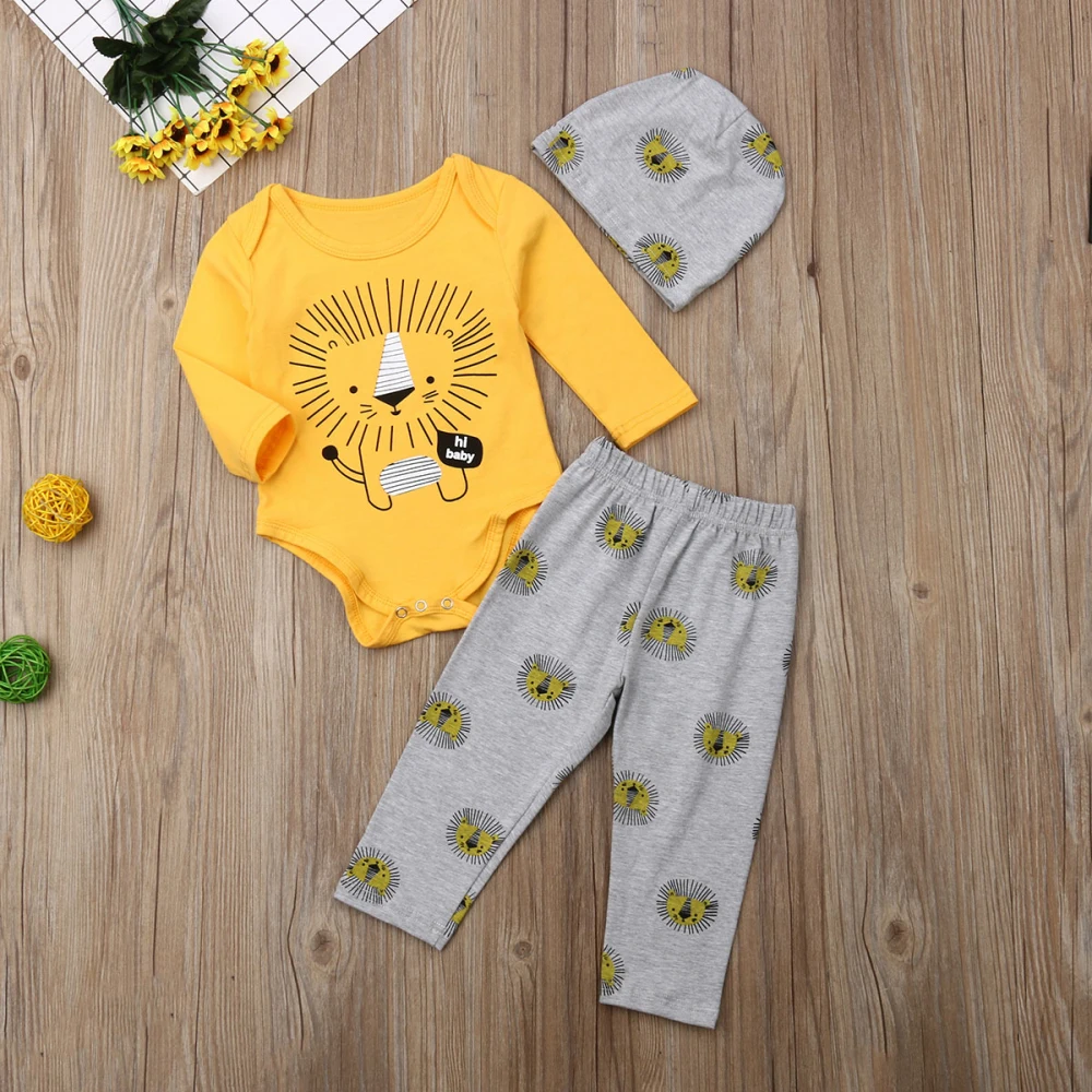 New Autumn Kids Baby Clothes Boy Lion King Print Long Sleeve Tops Romper Pants Hat 3PCS Casual Clothes Cartoon 0-3 Years
