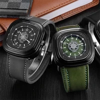 2018 mens watch genuein leather strap square case skeleton face new brand v6 men military sports wrist watches waterproof clock