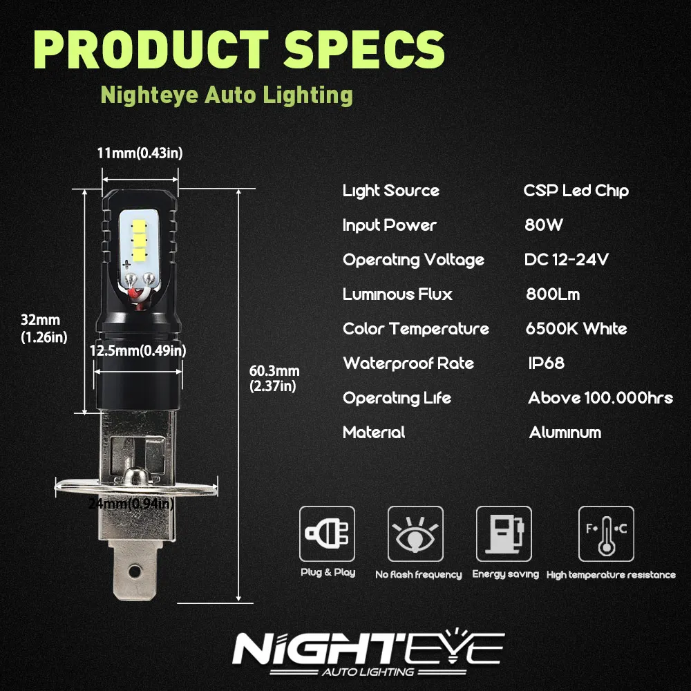 NIGHTEYE 80 Вт H1 светодиодные лампы для автомобилей дневное Вождение Противотуманные фары CSP чип супер яркий 6500 к белое освещение высокой мощности H11 Светодиодная лампа