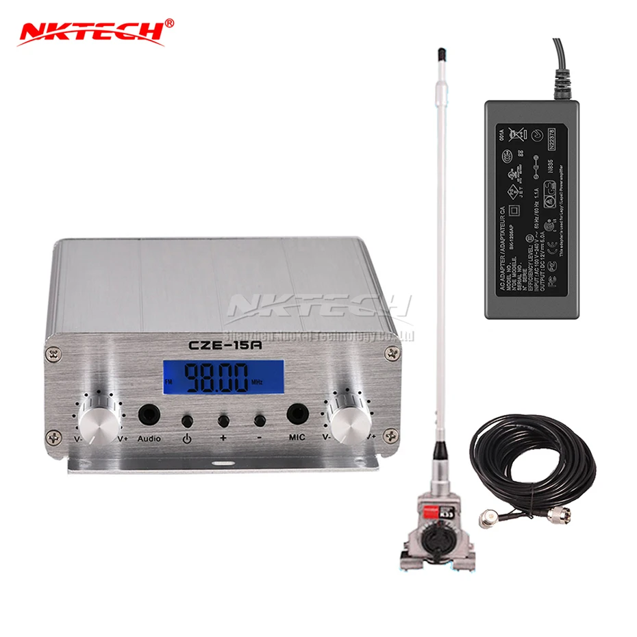 With Accessories NKTECH CZE-15A стерео PLL fm-передатчик 3 Вт/15 Вт Беспроводная радиостанция вещание 87-108 МГц вещание преобразователь звука ЖК-дисплей - Цвет: With Accessories