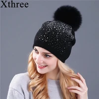 xthree women winter beanie hat cashmere knitted hat for girl the female of the mink pom pom shining rhinestone hats for women