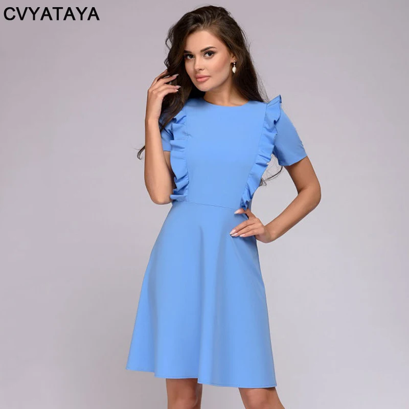 Однотонное летнее платье с оборками и украшением женское Повседневное коротким