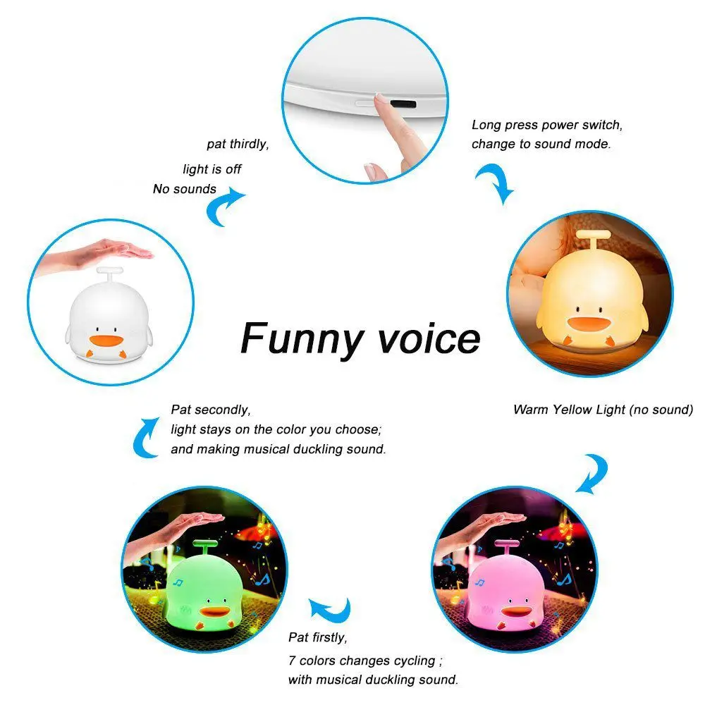 Led Silicone Duck Night Light Cute Melody USB Rechargeable Pat Control 7 Colors Lamp Colorful LED Baby Bedside Table | Лампы и