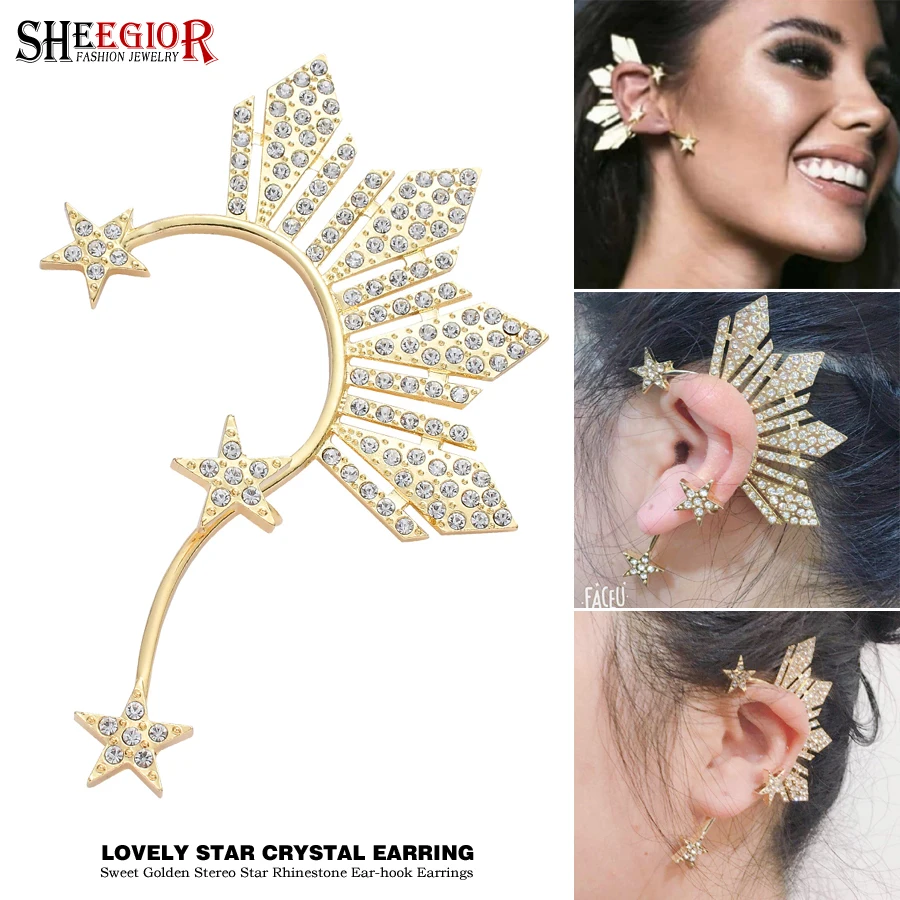 

Lovely Golden Star Ear Clip on Earrings for Women Accessories Crystal Rhinestone Stars Big Ear Cuff Earring Fashion Jewelry Gift