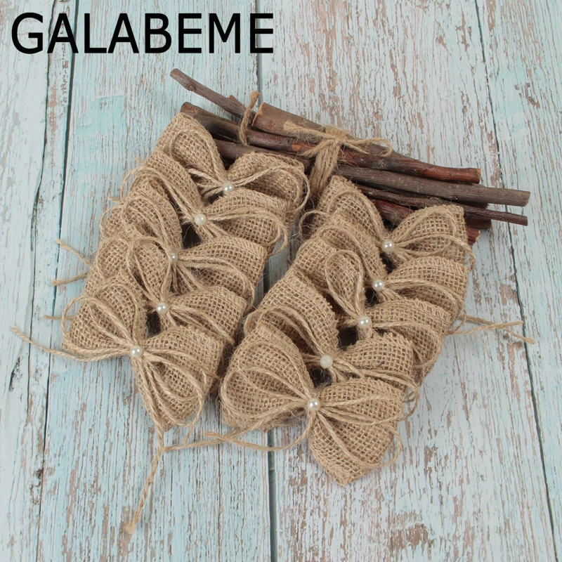 Galabeme 50PCS DIY PearlJute Burlap Hessian Bowknot Bows Hat Accessories Craft Rustic Wedding decoration supplier Decor | Дом и сад