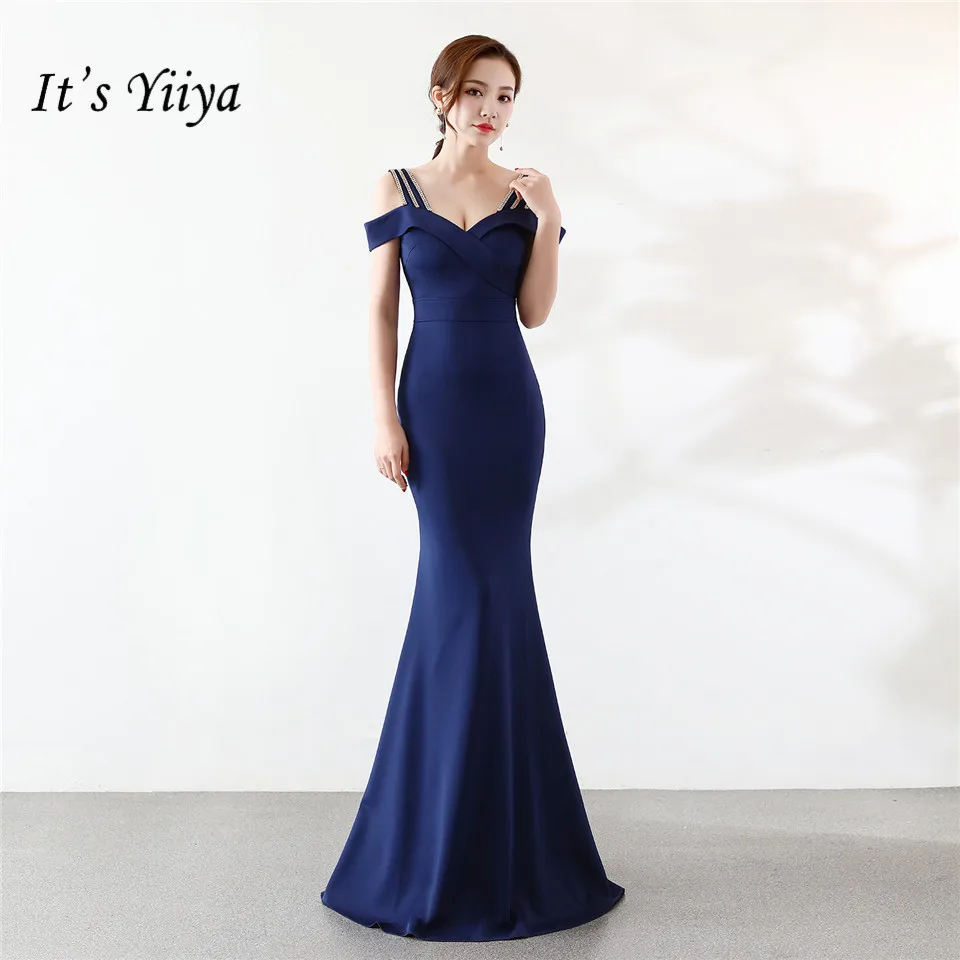 

It's Yiiya Mermaid Evening dress Sexy Boat neck Zipper backParty Gowns Elegant Floor-length Royal blue trumpet Prom dresses C104